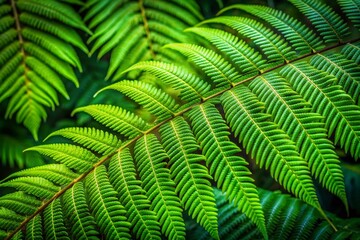 Vibrant green tree fern foliage fills the frame in a stunning macro shot, showcasing delicate fronds, intricate textures, and lush, emerald-green hues of nature's beauty.
