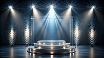 Elegant transparent stage podium with spotlight illumination, luxurious award ceremony decor on a sleek, modern minimalist background design.