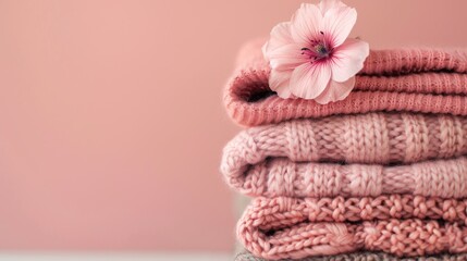 Clothing Stack with Pink Flower on Soft Color Palette Store Concept with Space for Text