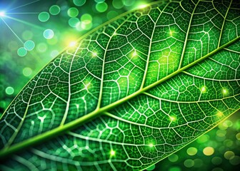 Vibrant green leaf vein pattern resembling futuristic circuitry connects and flows in an abstract, modern, and sustainable design, set against a bright, bokeh-lit, isolated background.