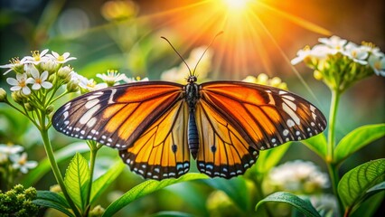 Fototapeta premium Vibrant orange butterfly with black veins perched on a delicate white flower with yellow center, amidst lush green foliage, warm sunlight filtering through.