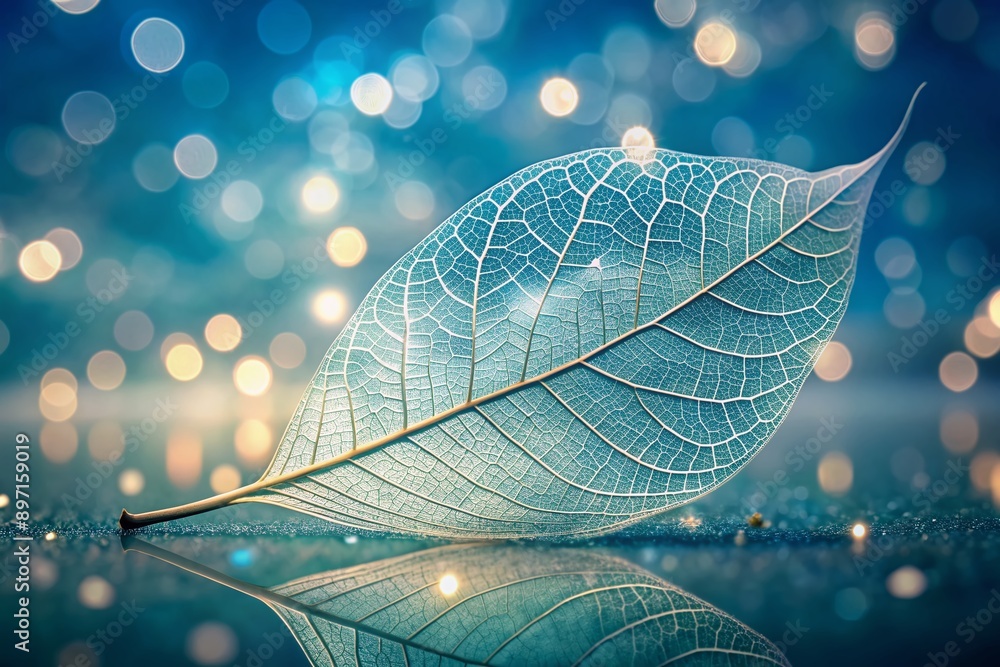 Poster delicate skeletonized white leaf with intricate veins floats on a serene light blue background, surr