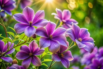 Delicate purple petals unfolding from stems, gently swaying in the breeze, showcasing intricate details and vibrant color, surrounded by lush green foliage.