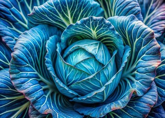 Obraz premium Vibrant blue cabbage displays mesmerizing marbled effect with bright cyan and dark brown swirls on its leaves, creating an eye-catching abstract natural pattern.