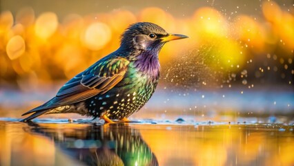 Vibrant starling bathes in shallow puddle, glistening feathers illuminated by warm sunlight on a serene, cloudless morning landscape background.