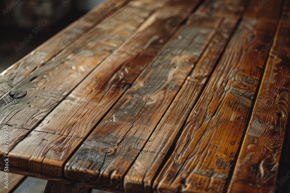 Poster rustic wooden table top showing grain and knots with shallow depth of field