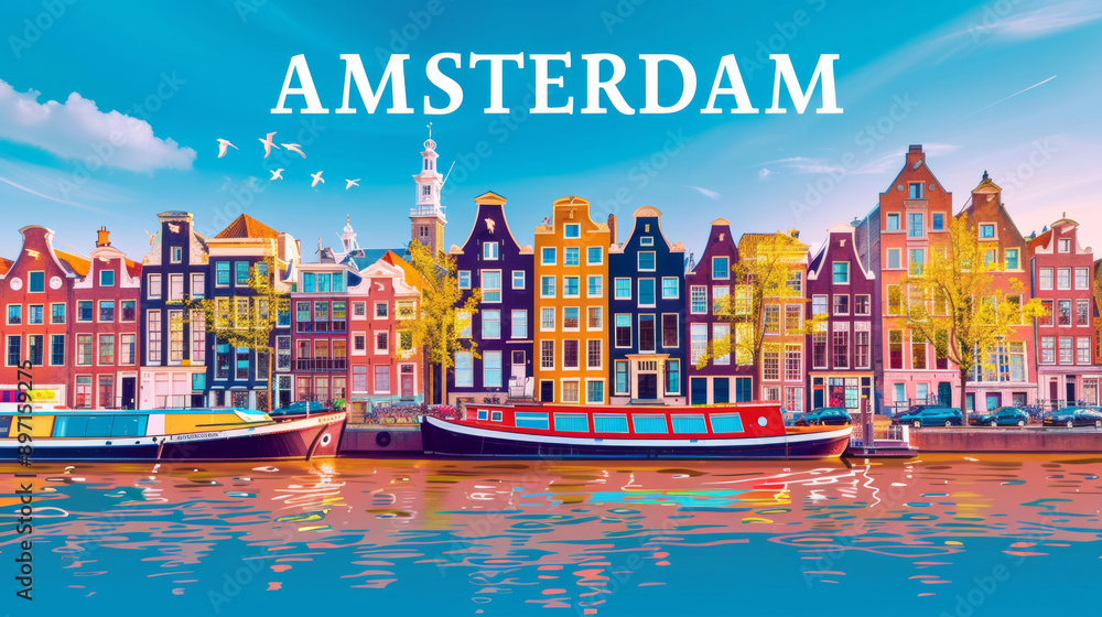 Wall mural a simple colorful travel poster of amsterdam, featuring city marks, canals and old houses in bright 