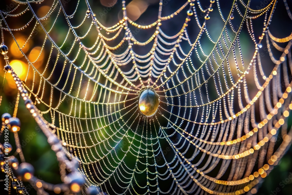 Poster intricate spider web glistens with dew on a dark, mysterious background, showcasing precise patterns
