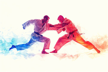 Two Judo Fighters Engage in a Dynamic Duel Against a Geometric Background