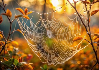 Delicate dew drops glisten on intricate spider web threads, set against a soft, muted autumn background, evoking a serene and peaceful morning atmosphere.