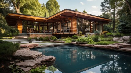 Fototapeta premium Modern country house backyard with a stylish swimming pool for leisure and relaxation