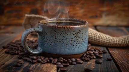 Fototapeta premium A ceramic cup of coffee with steam rising, surrounded by coffee beans on an aged wooden background. 