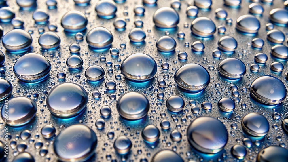 Poster macro view of numerous water droplets scattered randomly on a plain white surface, creating a visual