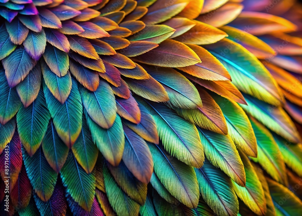 Poster vibrant iridescent feathers of a bird unfolded in intricate patterns and delicate shapes, showcasing