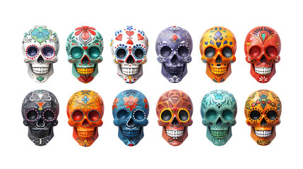 Day of the Dead Themed Colorful Skulls, Vibrant and Iconic Mexican Cultural Symbols, Detailed and Festive Artistic Ornaments, png file, isolated on white