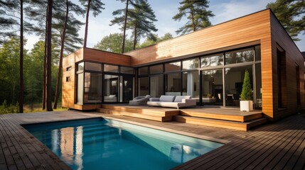 Fototapeta premium Swimming pool in the backyard of a contemporary country house, ideal for a luxurious rural retreat