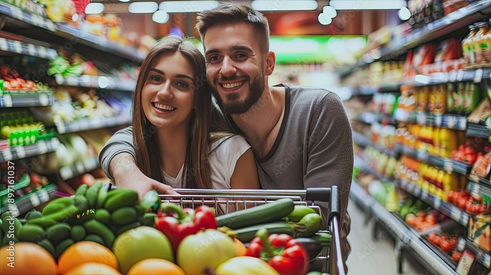 Poster a cheerful couple posing in a supermarket with a shopping cart filled with fresh produce and other g
