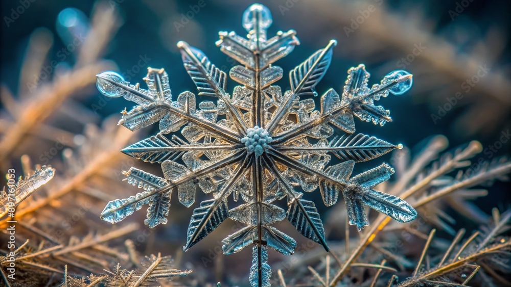 Aufkleber intricately detailed snowflake captured under a microscope, revealing a mesmerizing crystalline stru