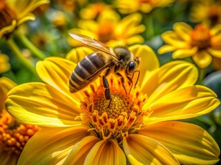 Vibrant yellow petals cradle a busy bee as it collects nectar, blurring the lines between organic beauty and industrial precision in a harmonious dance of coexistence.