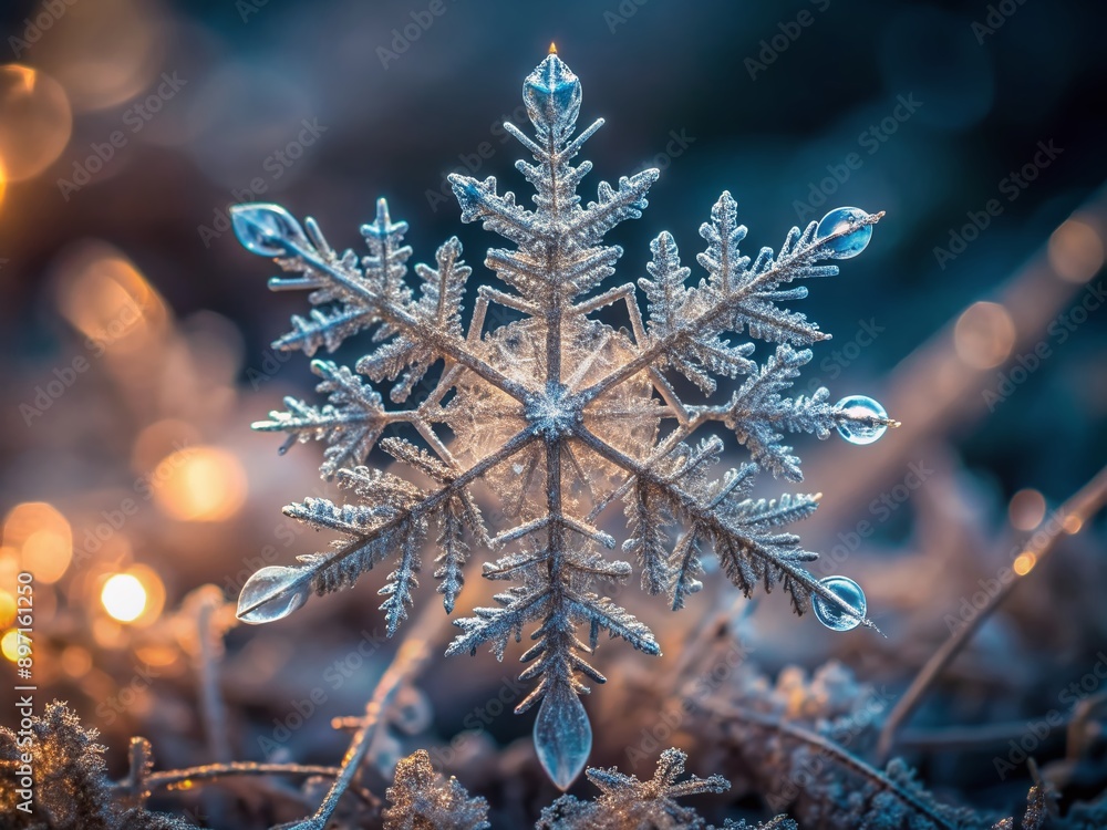 Poster intricately detailed, delicate, and symmetrical snowflake surface showcasing complex patterns of fro