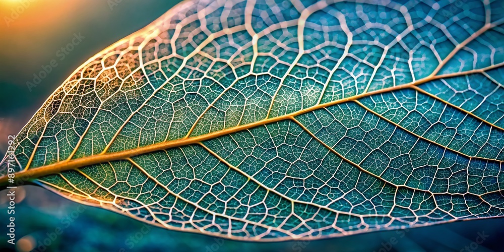 Poster vibrant macro photograph of a delicate leaf's intricate skeleton, showcasing translucent cells and b