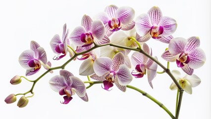 Fototapeta premium Delicate exotic orchid branch with white and purple flowers bloomingly sprawls across a clean isolated white background, showcasing its elegant and sophisticated beauty.
