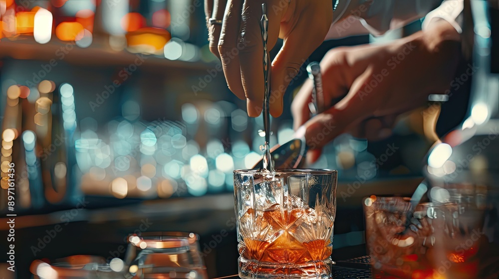 Poster a close-up of a bartender's hands expertly stirring a drink with a bar spoon.
