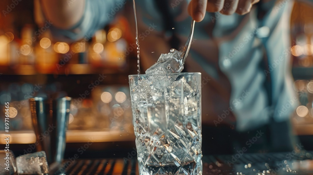 Poster a close-up of a bartender's hands expertly stirring a drink with a bar spoon.
