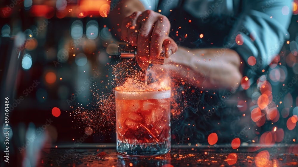 Poster a close-up of a bartender's hands creating a visually stunning cocktail.