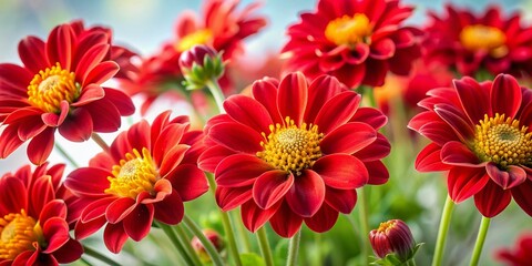 Fototapeta premium Vibrant red flowers with delicate petals and yellow centers bloom against a crisp white backdrop, adding a bold splash of color to any design layout.