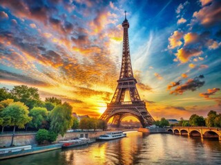 Naklejka premium Vibrant watercolor depiction of iconic iron lattice tower standing majestically on Seine riverbank, bathed in warm golden light of a serene European sunset.