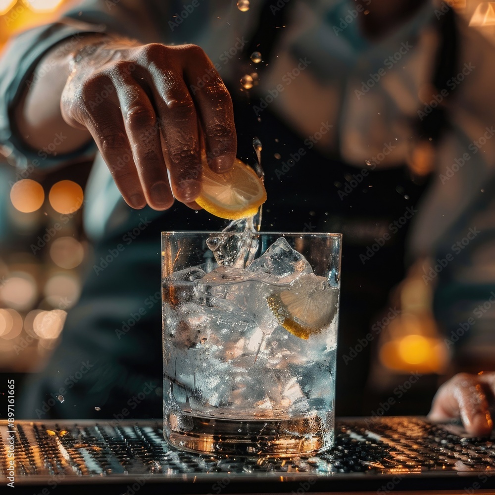 Poster a close-up of a bartender's hands mixing a drink in a glass with ice.