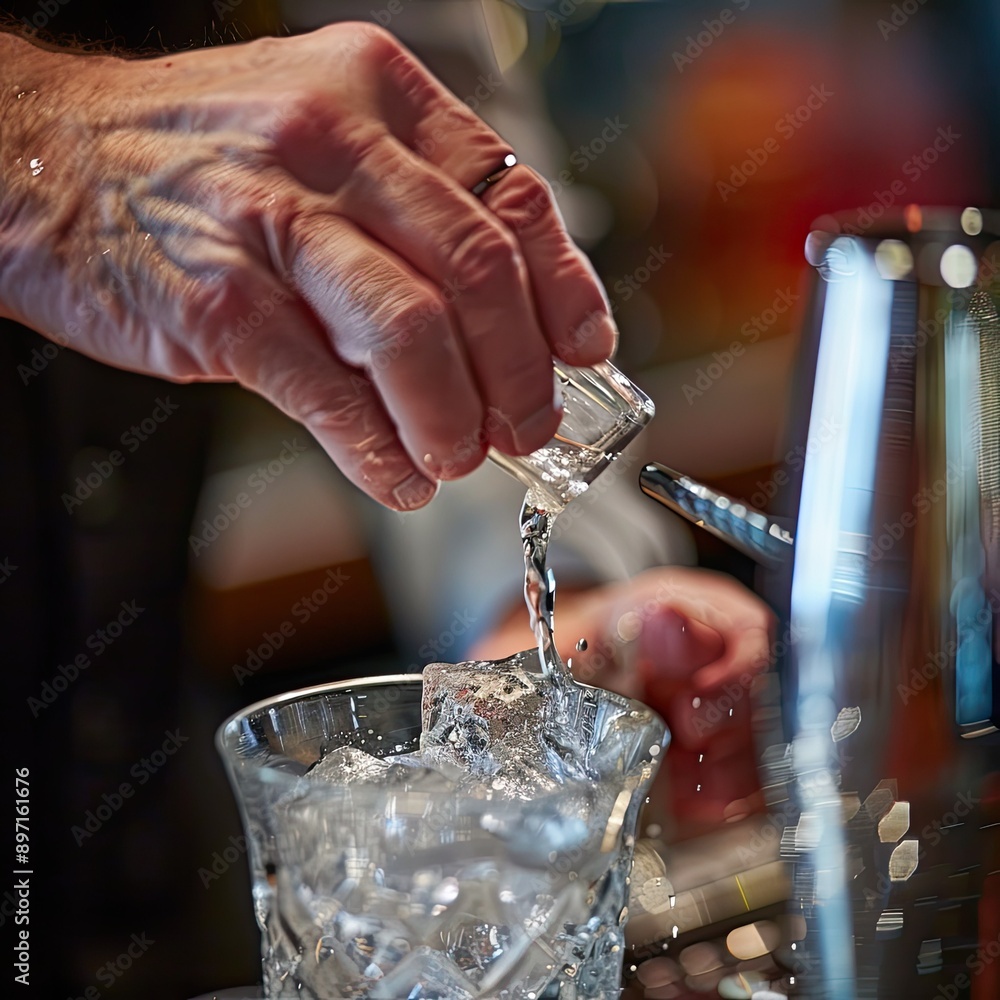Poster a close-up of a bartender's hands mixing a drink in a glass with ice.