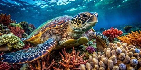 Fototapeta premium A detailed and focused image of a turtle with its shell covered by different types of coral, seaweed, and anemones.