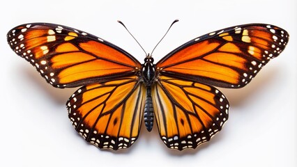 Fototapeta premium Vibrant orange and black monarch butterfly with delicate wings spread wide, showcasing intricate veins and patterns, against a crisp white background, epitomizing summer's warmth.