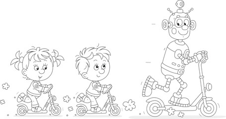 Happy little kids and a funny toy robot merrily riding their scooters on a playground in a park, black and white vector cartoon illustration for a coloring book