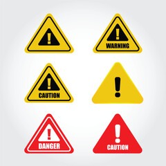 Set of Caution, Danger and Hazard Warning Sign. Exclamation Marks and Attention Icons set. Vector Illustration.