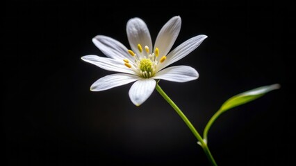 Obraz premium Delicate, solitary white flower with five petals unfurls against a stark, dark black background, exuding elegance and simplicity.