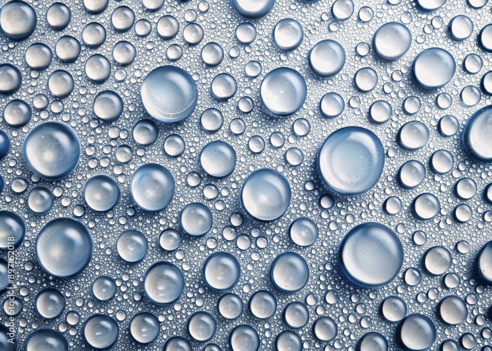 Poster mesmerizing pattern of numerous water droplets scattered across a plain white backdrop, creating a v