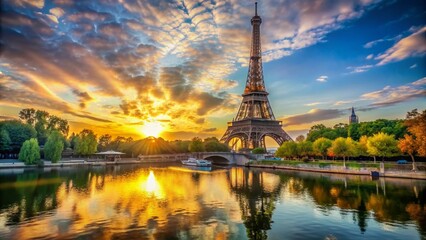 Vibrant watercolor depiction of iconic iron lattice tower standing majestically on Seine riverbank, illuminated by warm golden light of setting sun, surrounded by serene water reflections.