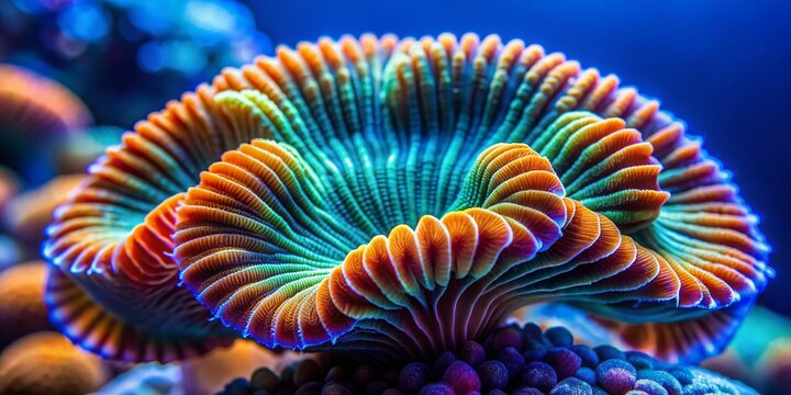 Vibrant macro of a mushroom's intricate cap on a bright blue background, resembling a giant clam's textured shell, showcasing nature's fascinating patterns and colors.