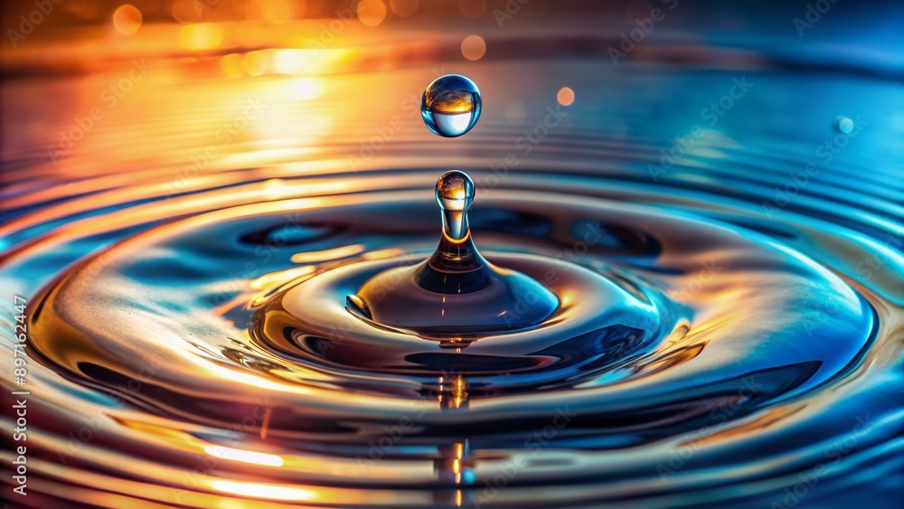 Poster a mesmerizing macro shot of a water droplet making contact with a calm surface, creating ripples and