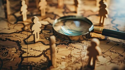 A close-up of a magnifying glass examining a specific cut-out figure on a flat surface. 
