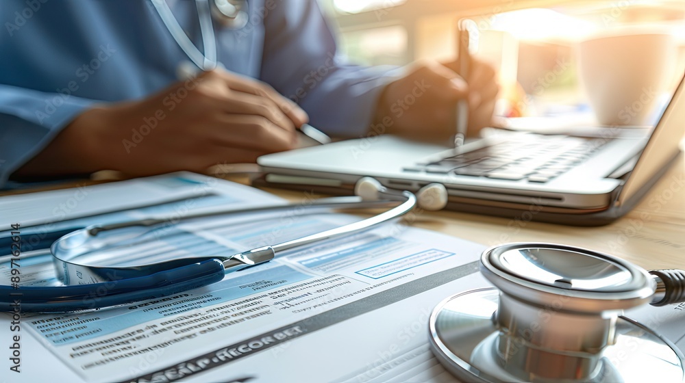 Poster a close-up of a stethoscope and a health insurance document on a desk.