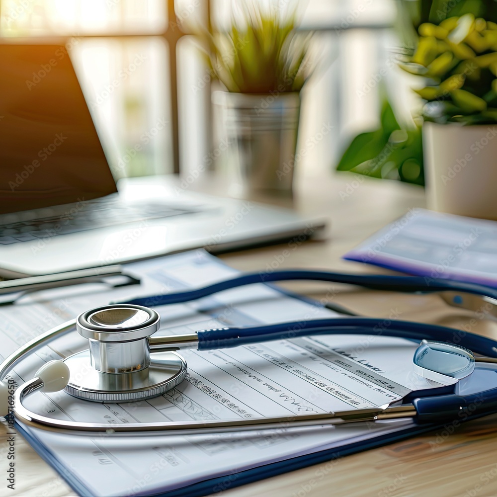 Poster a close-up of a stethoscope and a health insurance document on a desk.