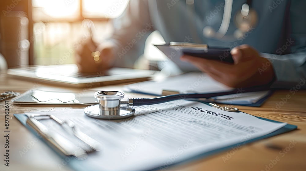 Poster a close-up of a stethoscope and a health insurance document on a desk.