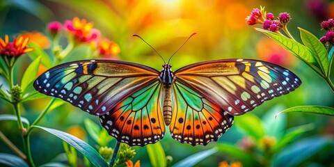 Fototapeta premium Vibrant colorful butterfly wings spread wide, showcasing intricate patterns and delicate shapes, against a soft natural background of lush green vegetation and gentle blooms.