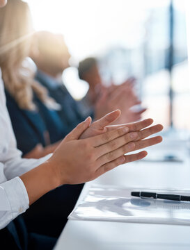 Clapping, success or presentation with hands of business people for support, seminar and celebration. Conference, winner or applause of audience for goal, motivation and awards for target achievement
