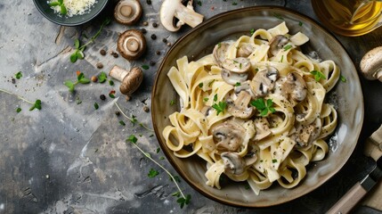Flatlay of mushroom pappardelle with cream sauce on a stone background