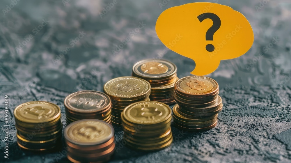 Poster A close-up of a yellow speech bubble with a question mark resting on top of coin stacks. 